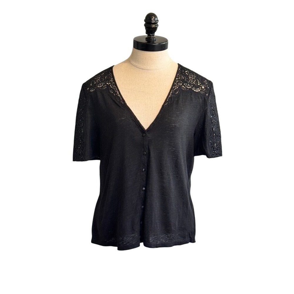 Sezane Black Crochet Lace Shoulder Short Sleeve Button Front V-Neck Top
